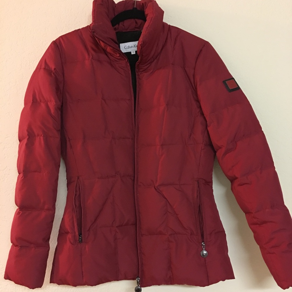 Red Calvin Klein puffer jacket. W/ Faux-fur hoody